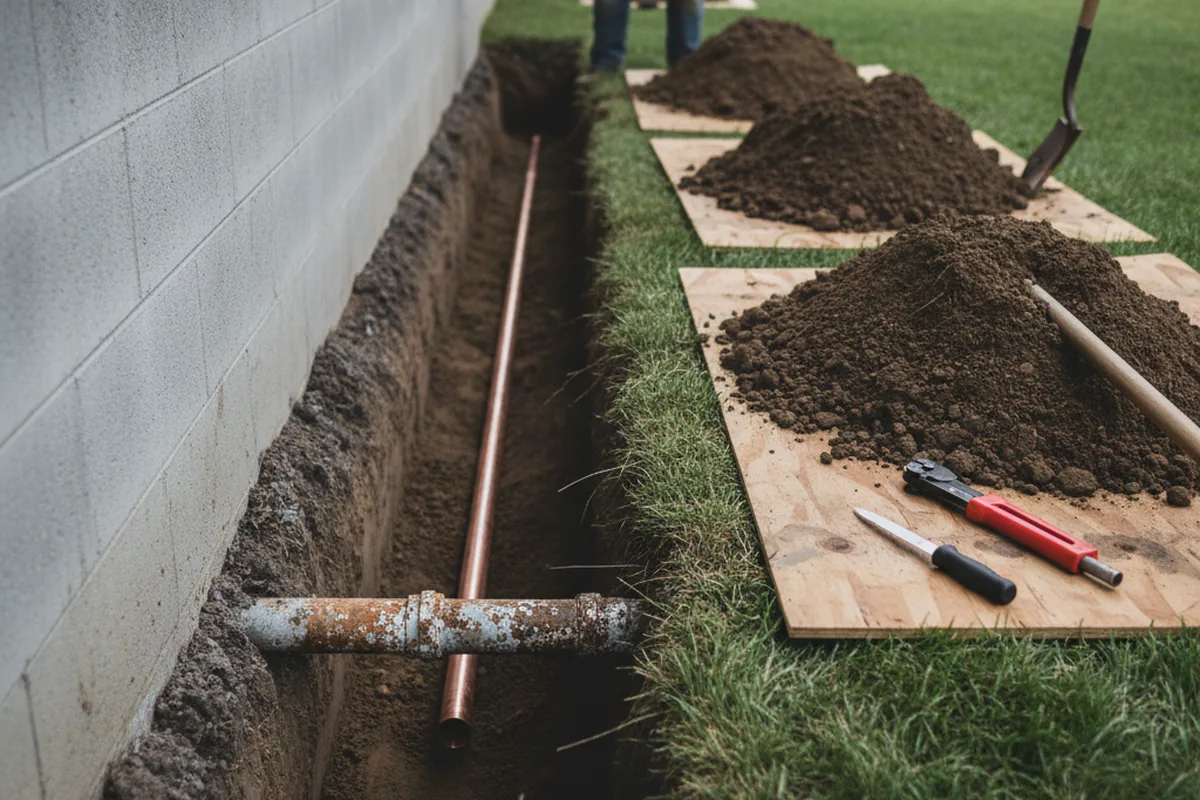 Excavated water line trench during Water Softener Installation in Burke